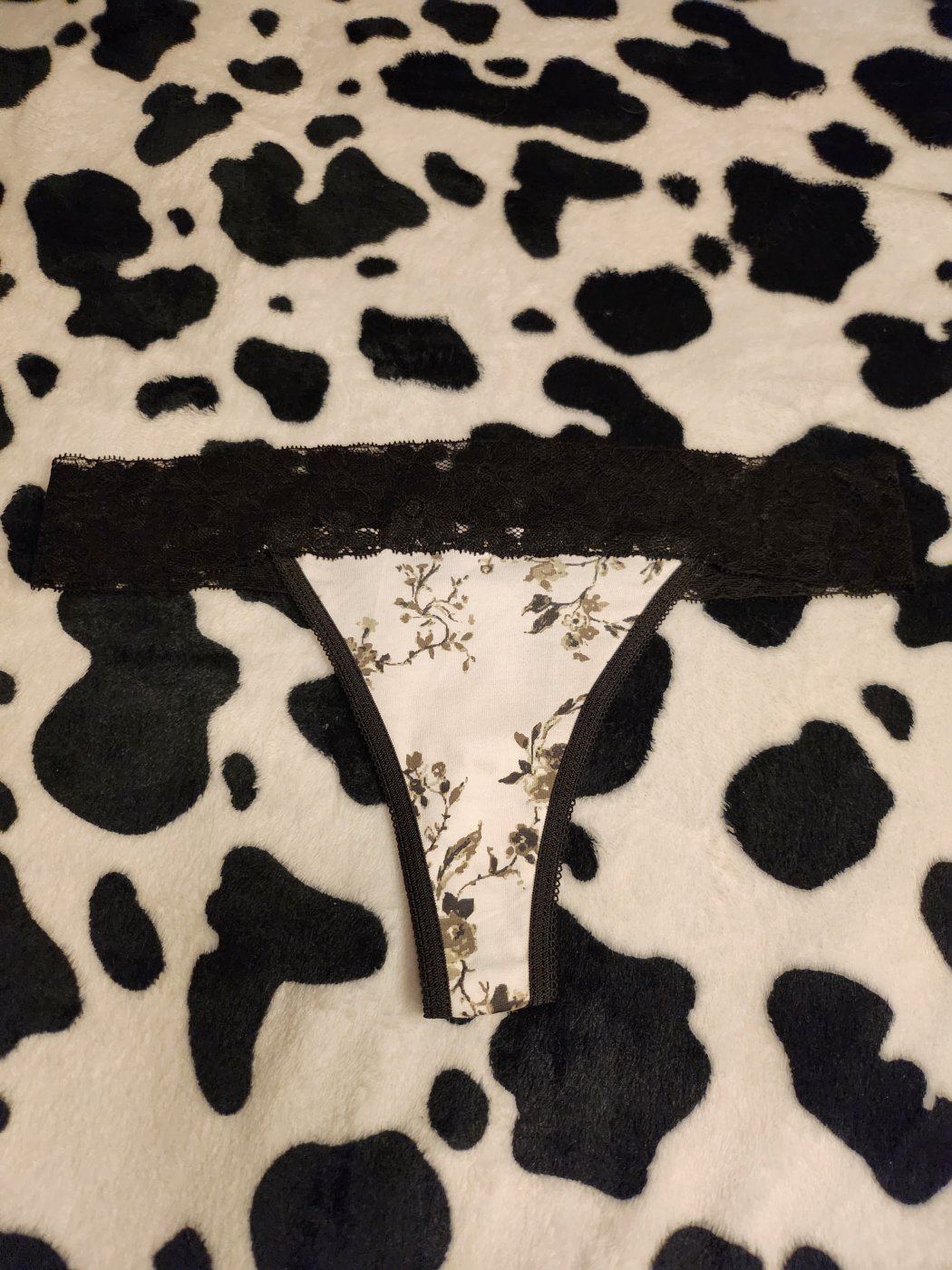 Lacey black and white thong with… - 2