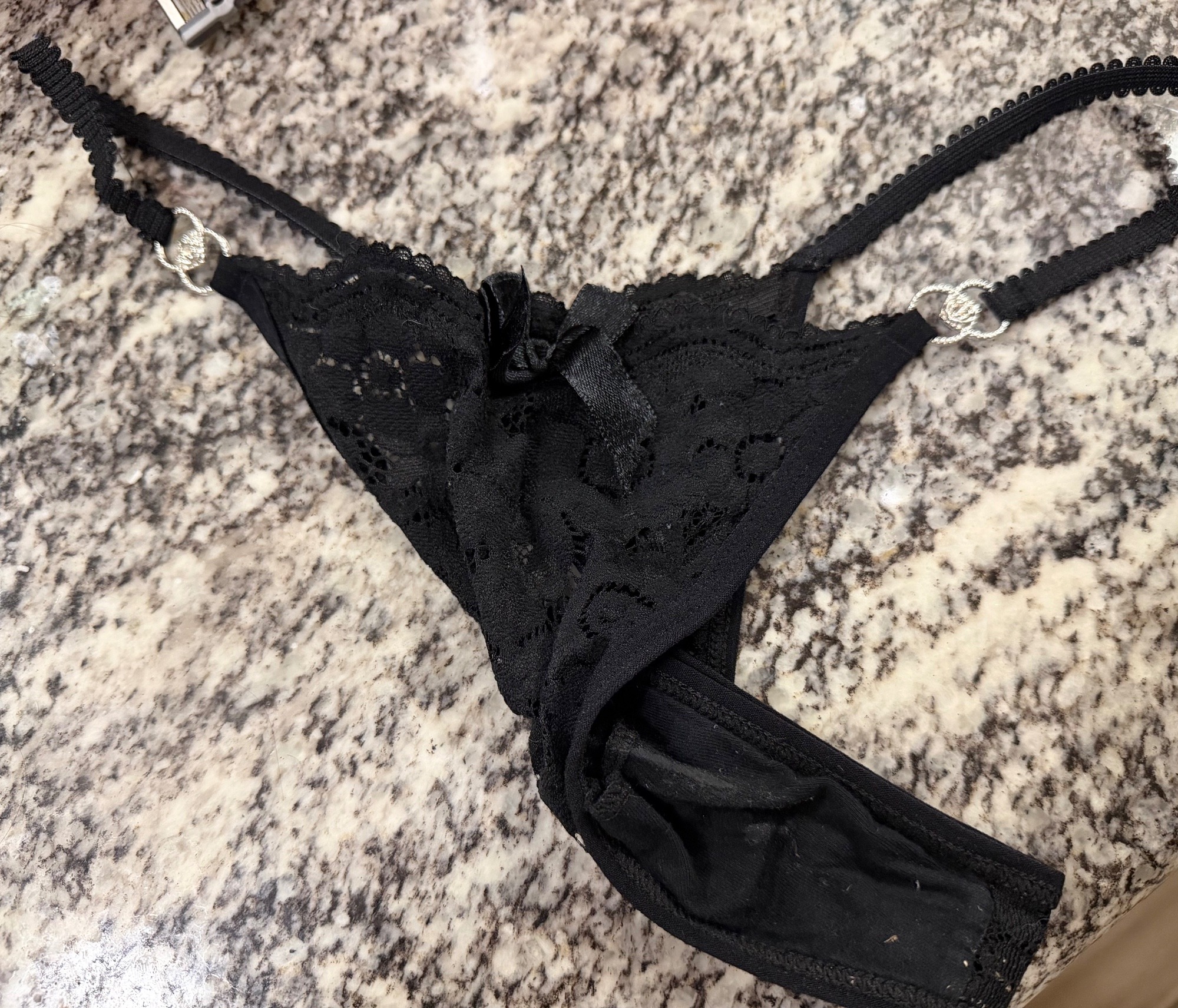 Black Lacey thong, worn all day at work and school, creamy stains