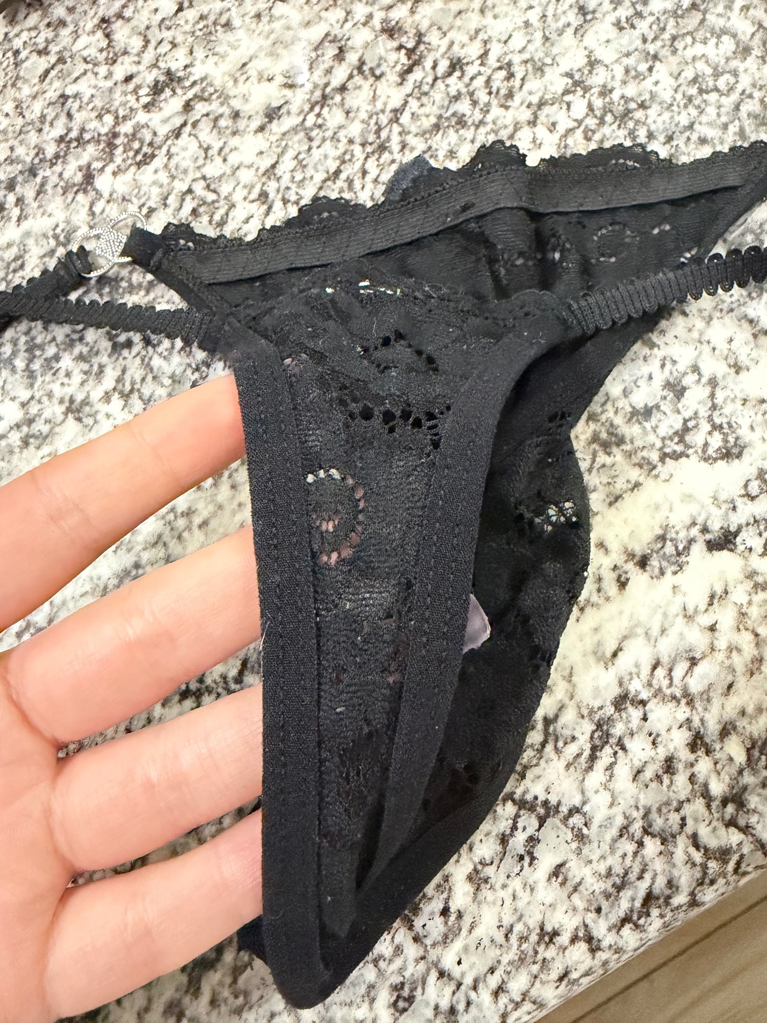 Black Lacey thong, worn all day at work and school, creamy stains – photo 2 of 2