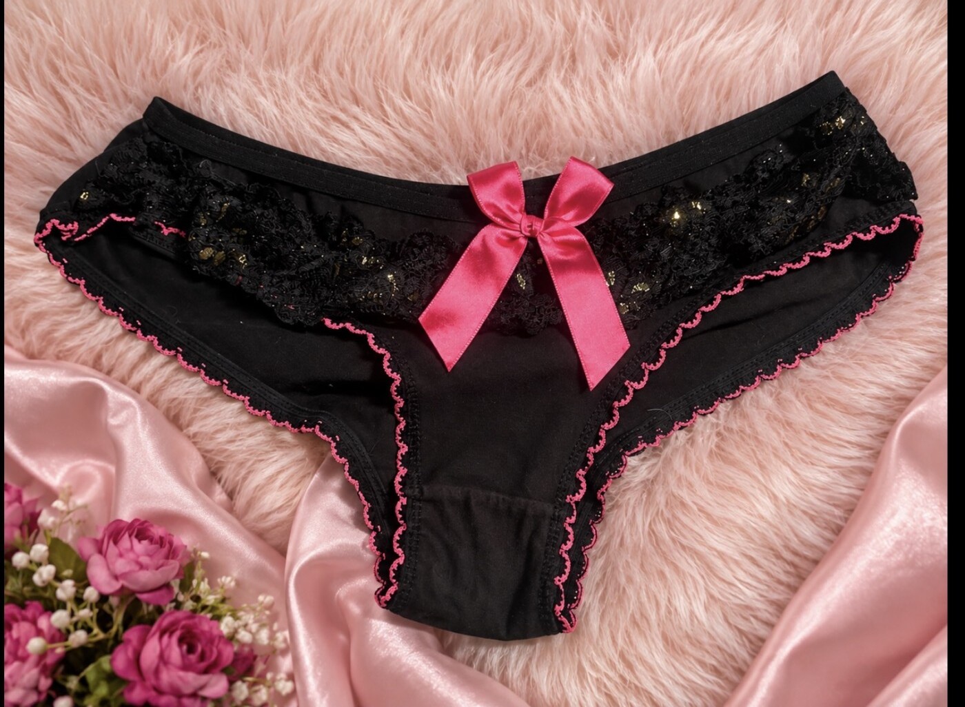 Black Lace & Pink Bow Panties