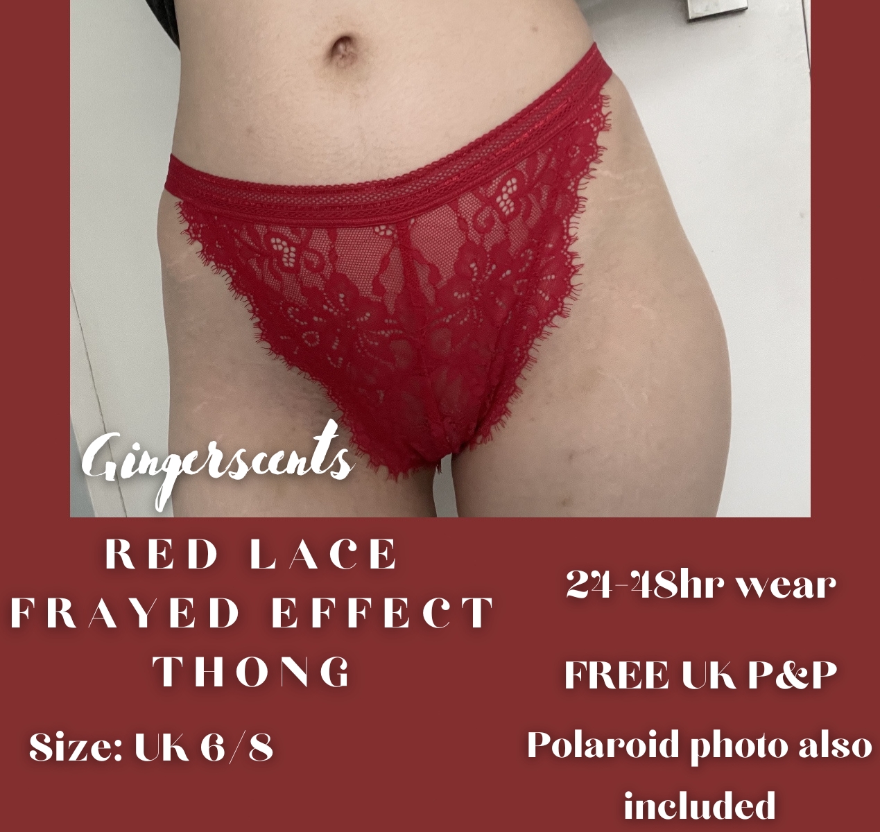 Red Lace Frayed Effect Thong (#A…