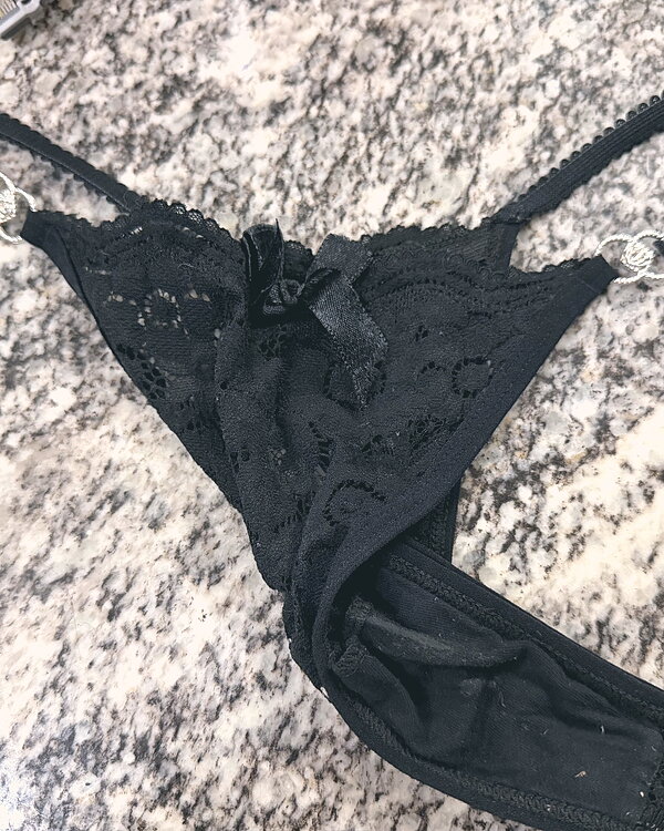 Black Lacey thong, worn all day at work and school, creamy stains