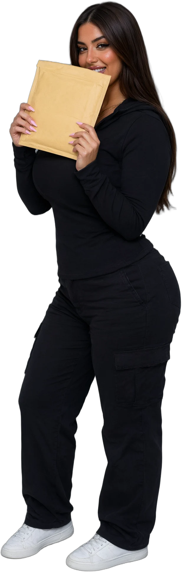 Illustration: a woman with long dark hair in a black hoodie holding a padded envelope in front of her mouth, her eyes smiling