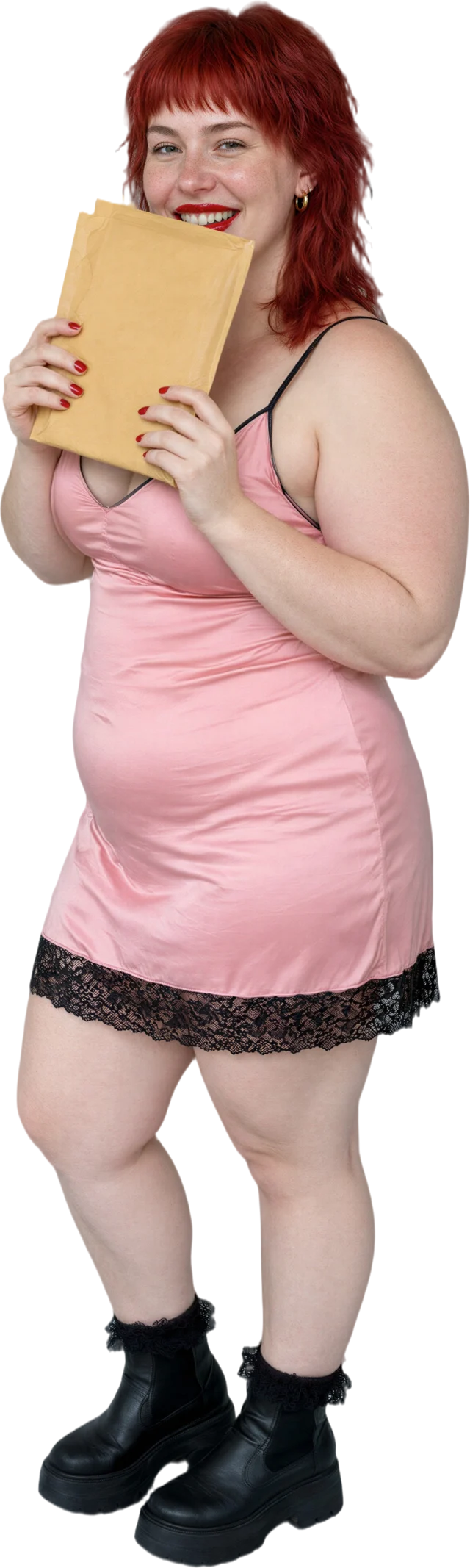 Illustration: a woman with red hair in a pink satin dress holding a padded envelope in front of her mouth, her eyes smiling