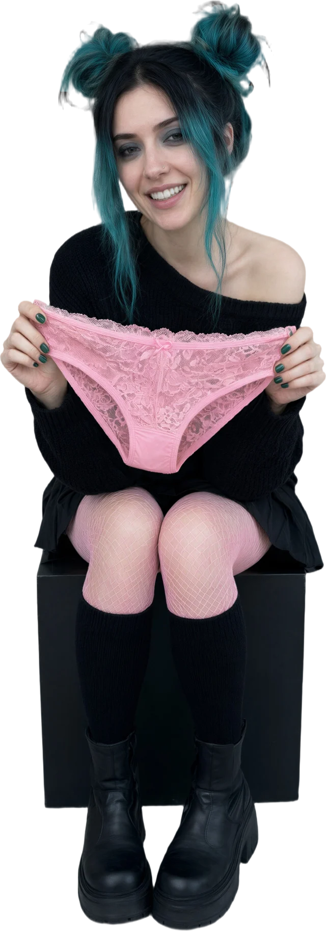 Illustration: a woman with black and teal hair in a black sweater sitting on a black cube and holding up pink lace panties