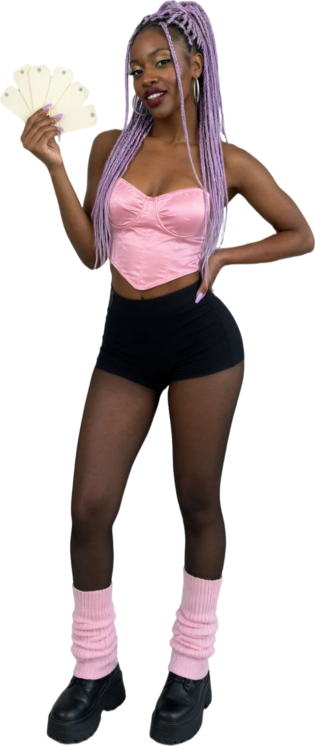 Illustration: a woman with lilac braids in a pink satin top fanning out blank price tags