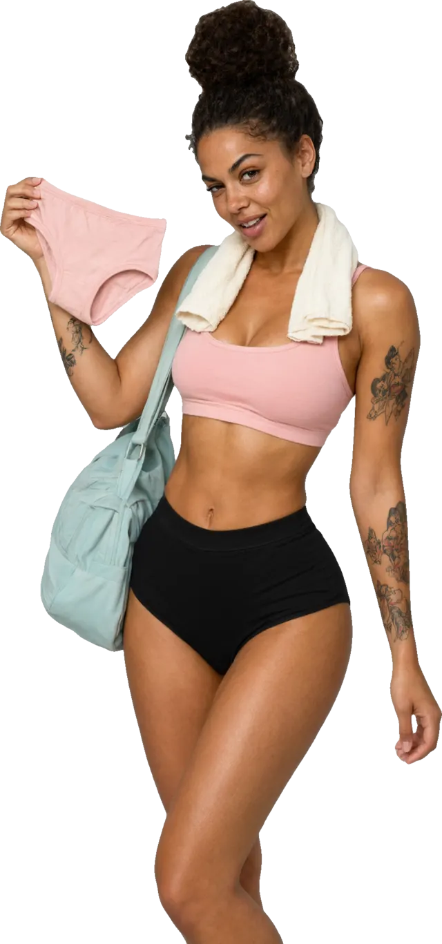 Illustration: a sporty woman with a towel and a gym bag holding up pink cotton panties