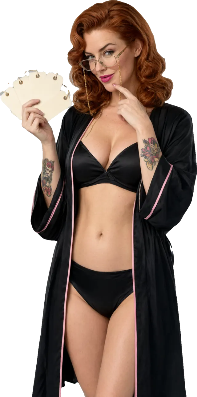 Illustration: a glamorous woman in a black satin robe fanning out blank price tags